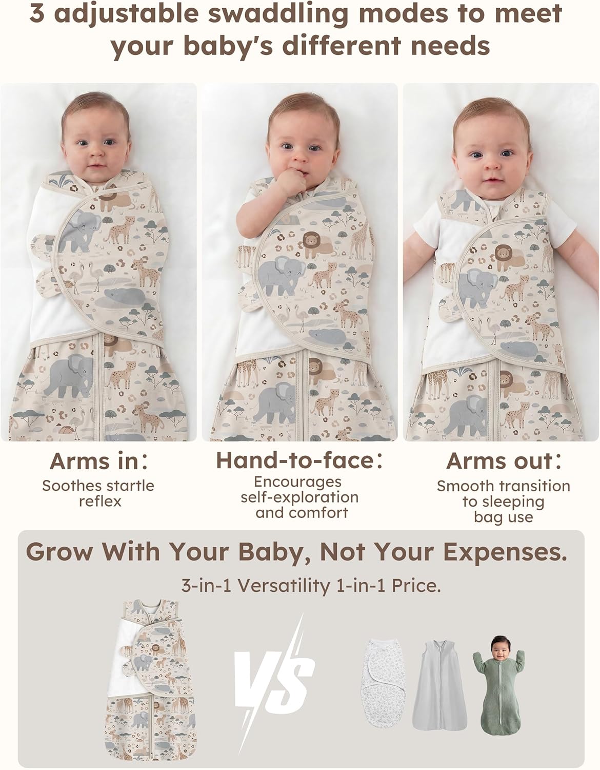 Unnivoll Newborn Sleep Sack Swaddle 100% Cotton Baby Swaddle 0-3 Months, 3-Way Adjustable Wearable Blanket, TOG 1.5, 2 Pack for Baby Boy Girl Apricot Gray Elephant