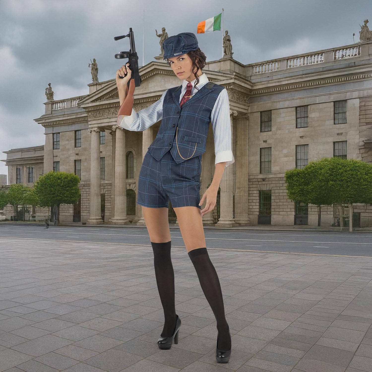 Irish Gangster Costume Cap, Shirt with Vest and Chain, Tie with Barrette, Trousers and Tights Size S (1)