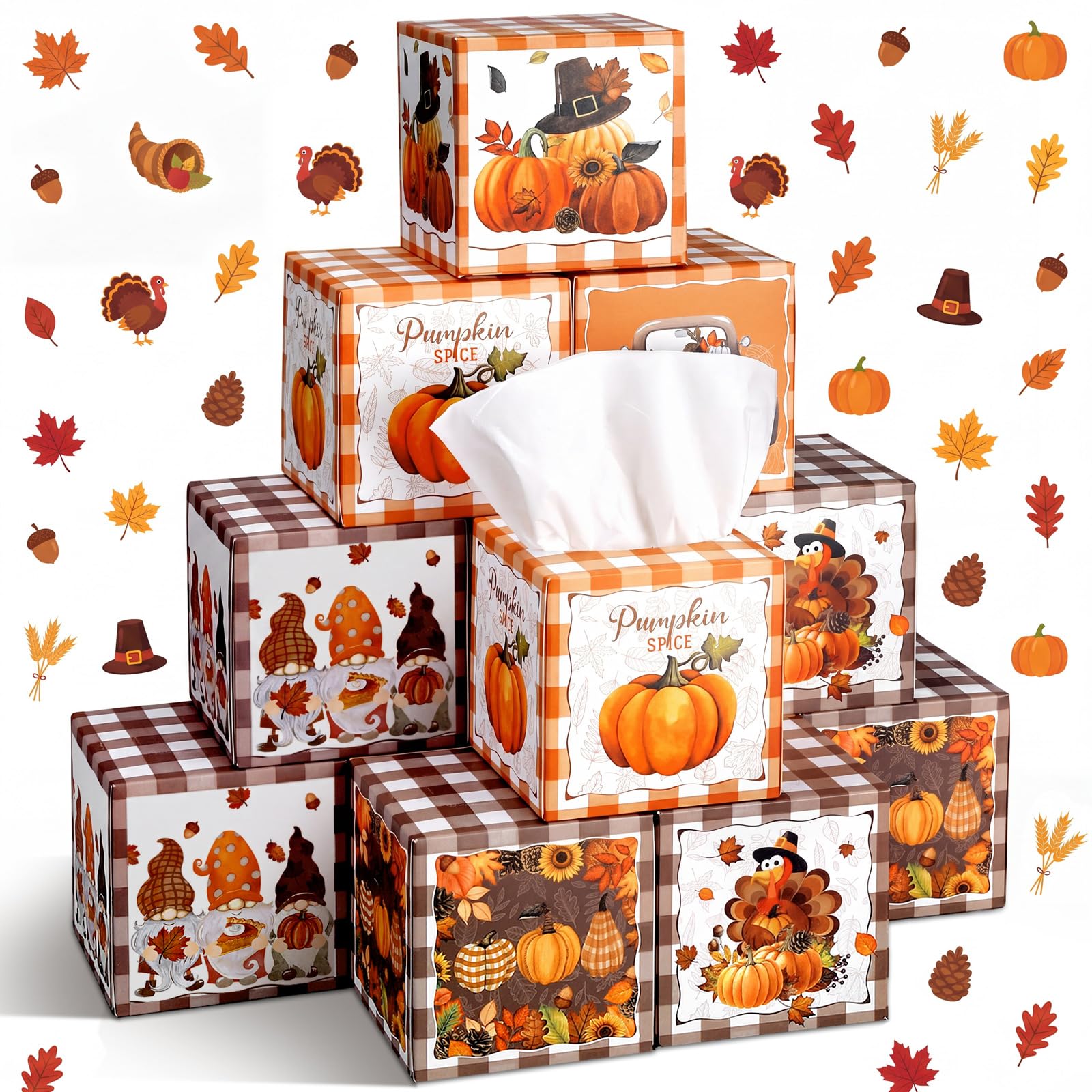 Fourluoo 12 Pack Thanksgiving Plaid Facial Tissues Cube Face Boxes 600 Sheets 3 Ply Small Square Tissues Bulk for Car Bedroom Supplies