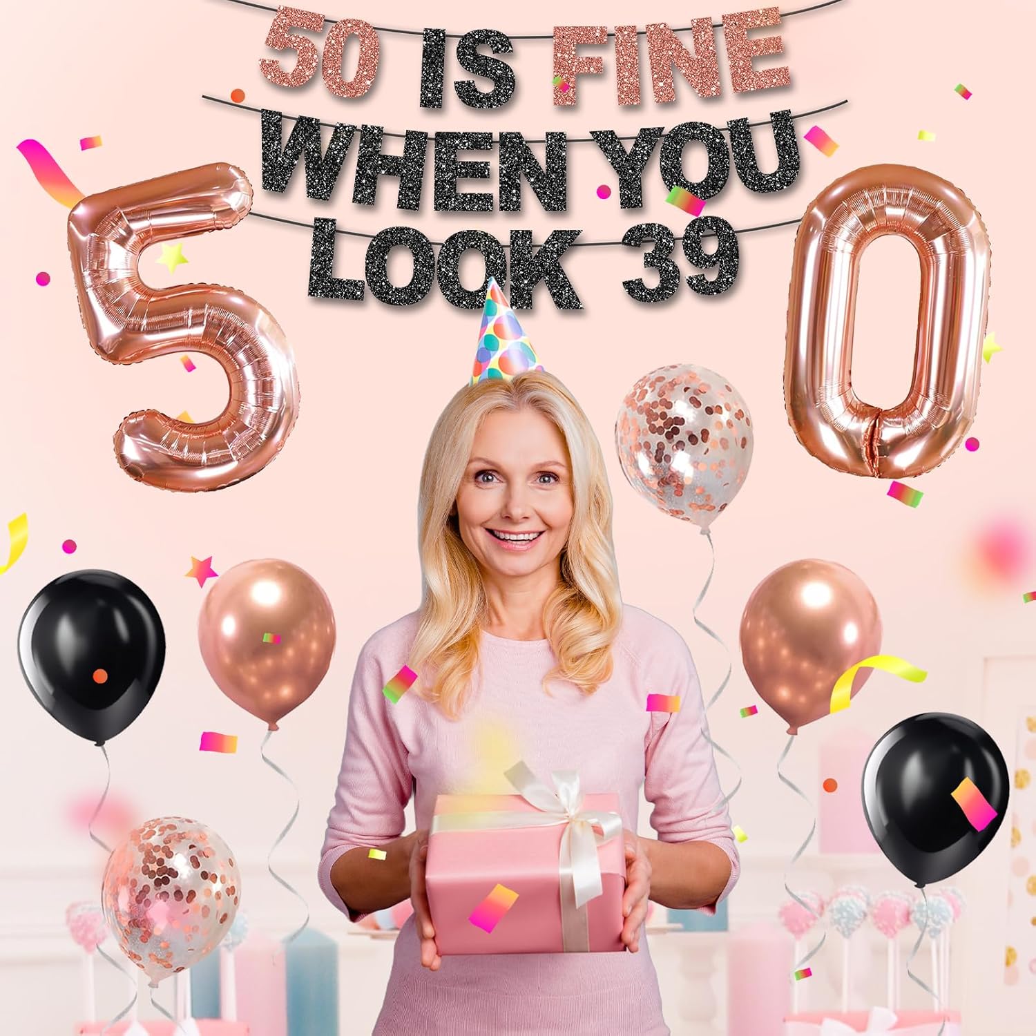 50th Birthday Decorations for Women, Pre-Strung 50 Is Fine When You Look 39 Banner, 50 Balloons Cake & Cupcake Toppers Party Supplies Kit, 50 Year Old Birthday Party Decorations - Image 2