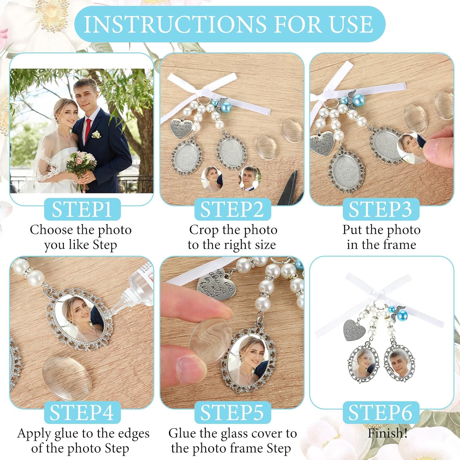 Double Pendant Wedding Bouquet Charm, Lacy Oval Photo Frame with Angel & Heart, You Are Always in My Heart Memorial Keepsake for Bridal Party (Silver Tone) - Image 4