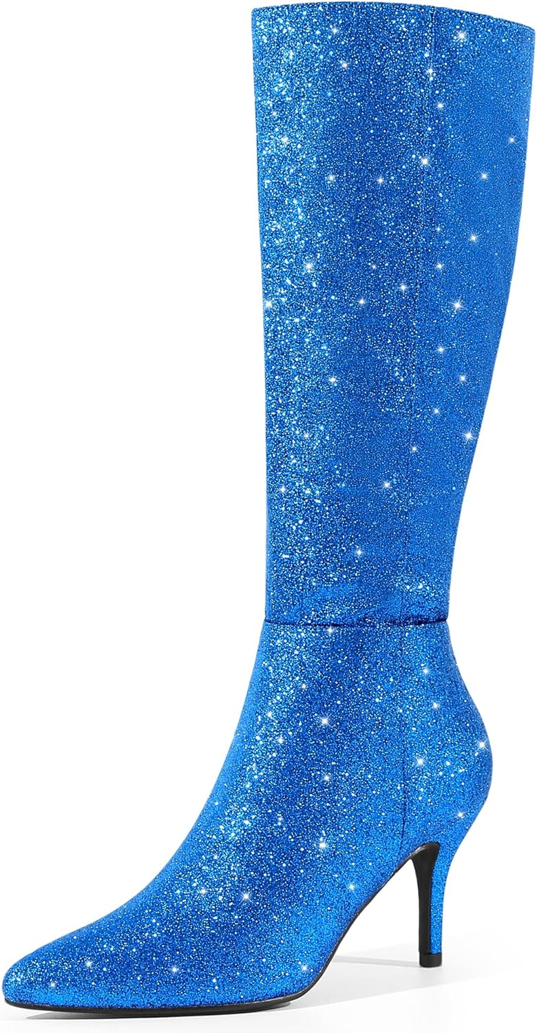 Perphy Glitter Pointed Toe Sparkly Stiletto Heel Knee High Boots for Women
