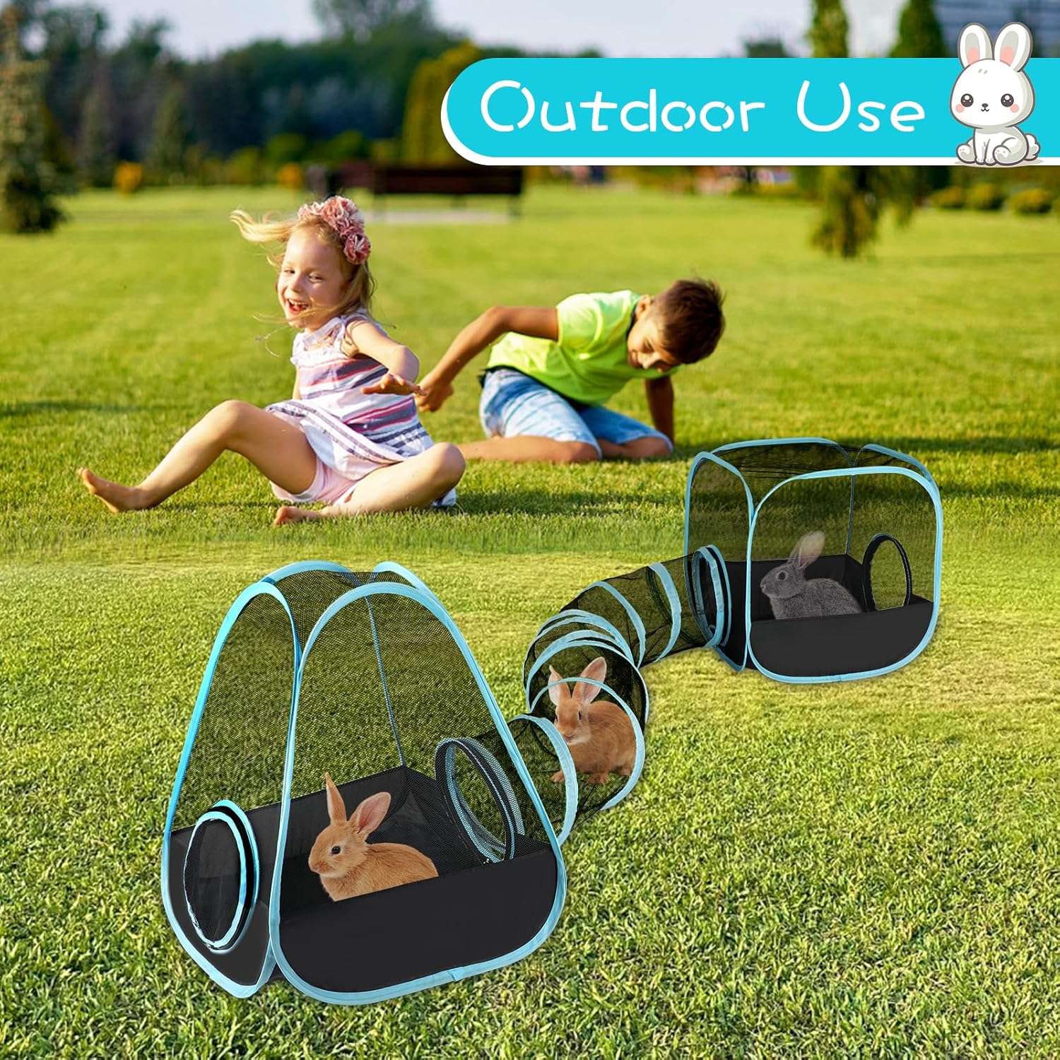 Rabbit Playpen with Tunnel, Breathable & Transparent Rabbit Playpen Pop Open Tent with Tube for Dwarf Rabbits,Ferret, Small Animal Playpens Bunny Tunnels Exercise Play Indoor or Outdoor