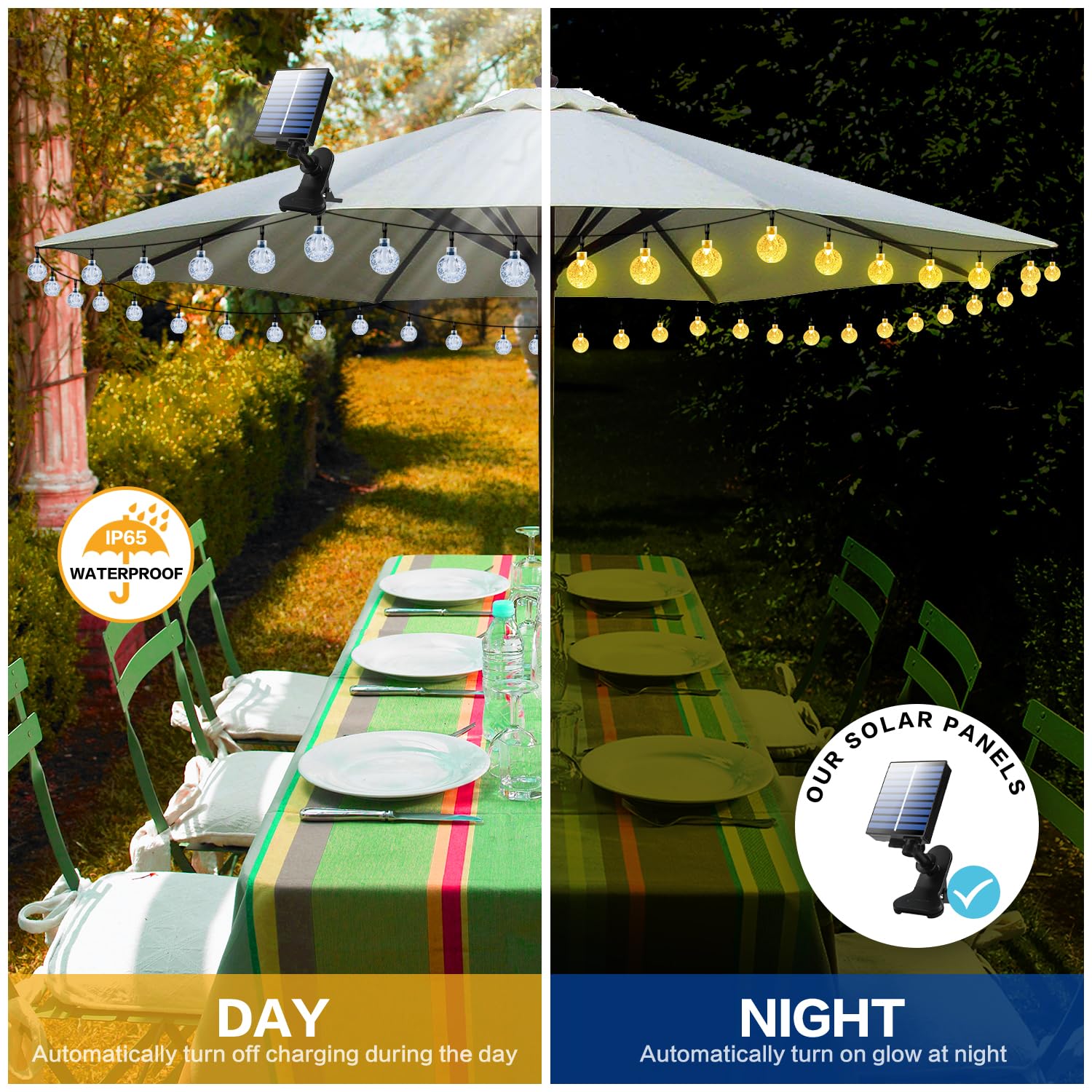 POOCCI Guirlande lumineuse solaire en cristal étanche à 60 LED pour parasol de terrasse, 8 modes d'éclairage, pour jardin, cour, plage, fête, décoration de mariage (blanc chaud)