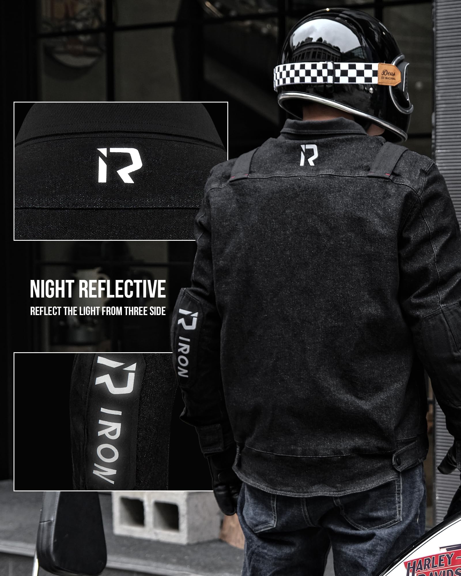 BORLENI Chaqueta Moto Hombre de Denim Chaquetas Reflectante con Bolsillos Protección CE Extraíble Transpirable para Primavera Otoño Negro L