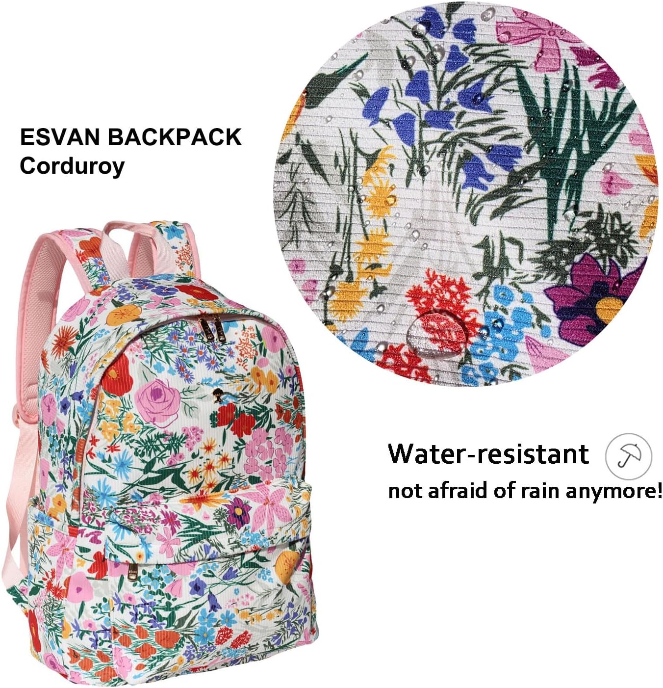 ESVAN Corduroy Original Travel Backpack,Waterproof Suitable for Travel,Gym,Shopping,Yoga,Hiking,Beach (Corduroy Pink flower)