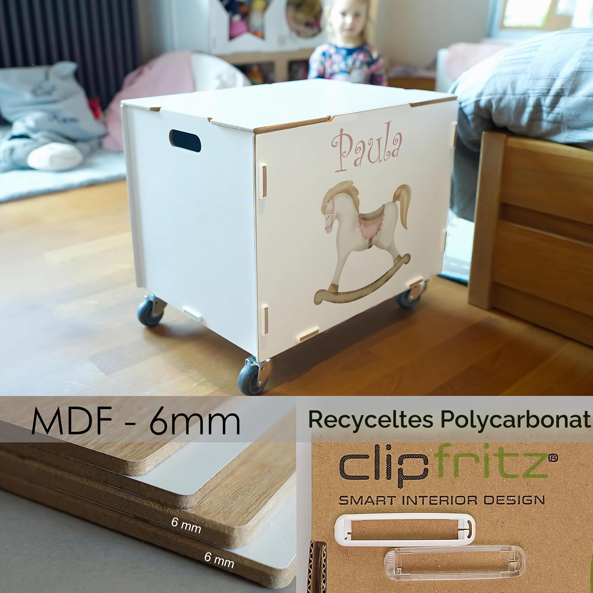 Peronalisierbare Rollbox mit Schauckelpferd Kinder-Motiv (33x45,5x34,5cm + 6cm Räder-Höhe) Kisten/Boxen personalisiert mit Text oder Namen - Kinderzimmer Rollkiste/Kiste als Spielzeugkiste