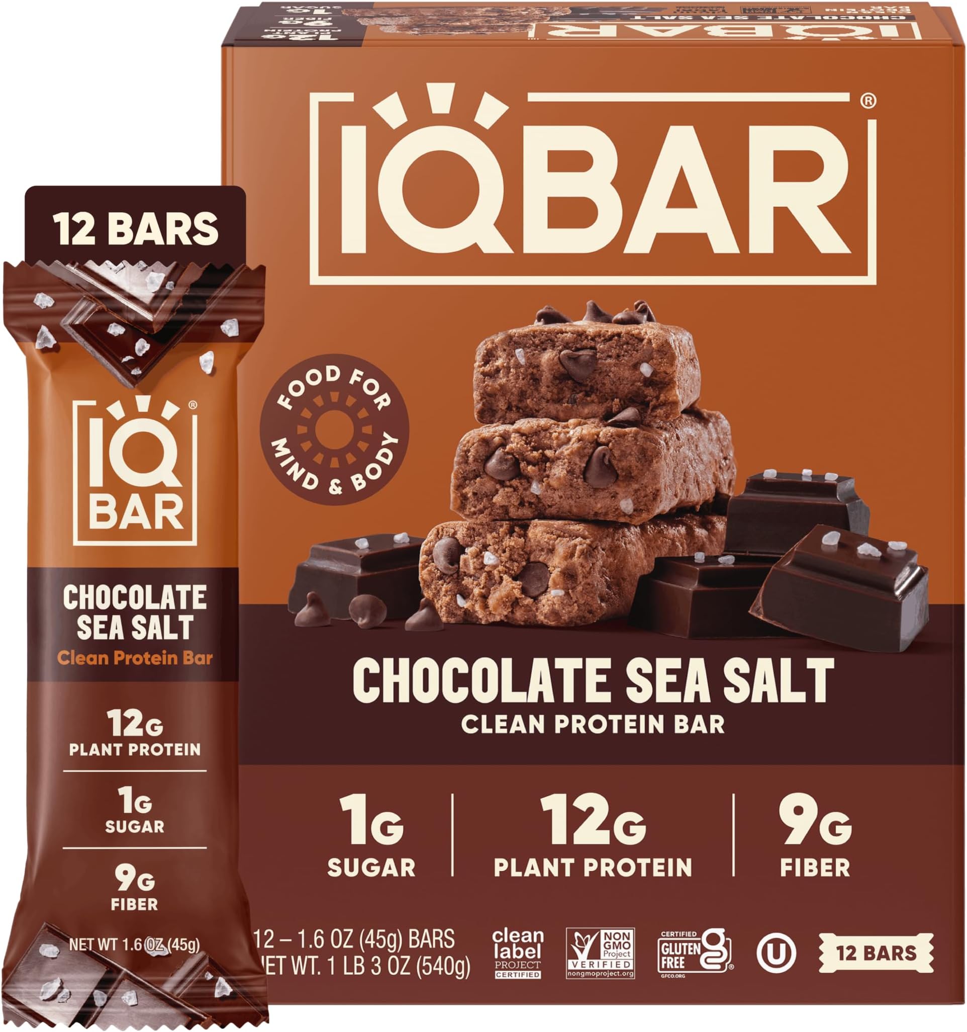 IQ BAR IQBAR Brain and Body Keto Protein Bars - Chocolate Sea Salt Keto Bars - 12-Count Energy Bars - Low Carb Protein Bars - High Fiber Vegan Bars and Low Sugar Meal Replacement Bars - Vegan Snacks