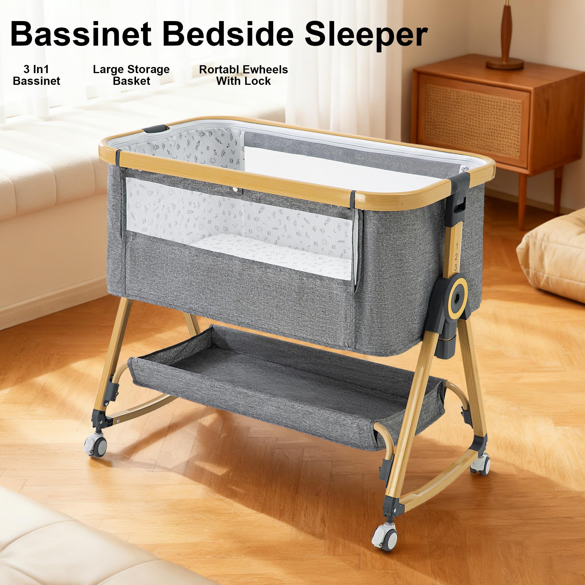 YAZOCO Beistellbett 3 in1 Babybetten Tragbar Babybett mit atmungsaktivem Netz und Laken, Verstellbarer Stubenwagen Beistellbett mit Aufbewahrungskorb (Hohe Version grau)