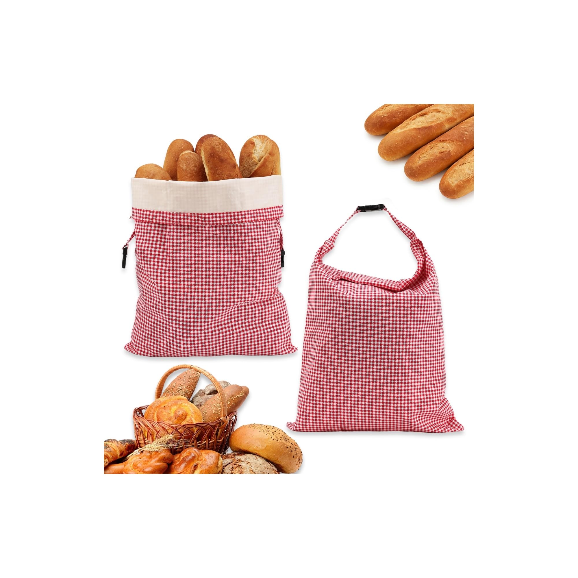 Beeswax Bread Bags 2 Pack for Homemade Sourdough Bread, XL 33 x 43 cm Reusable Beeswax-Lined Cotton Bread Storage Bags, Fold-Top Buckle Closure, Plastic-Free, Red Gingham