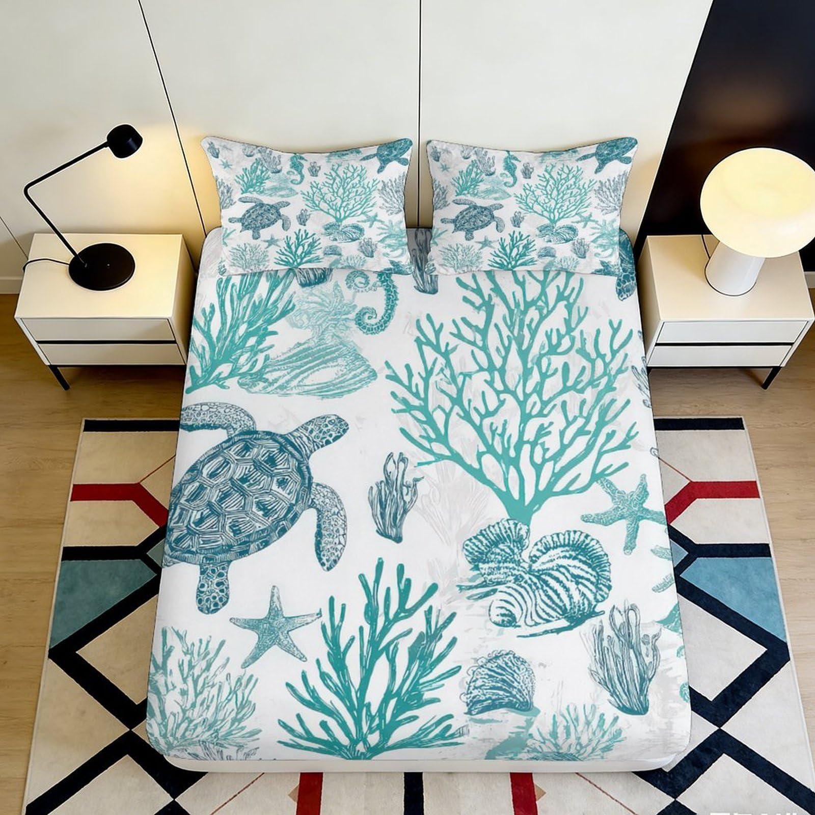 3D Printed Ocean Turtle Fitted Sheet Microfiber Coral Reef Mattress Cover for Bedroom Guestroom Machine Washable 90x200x25cm