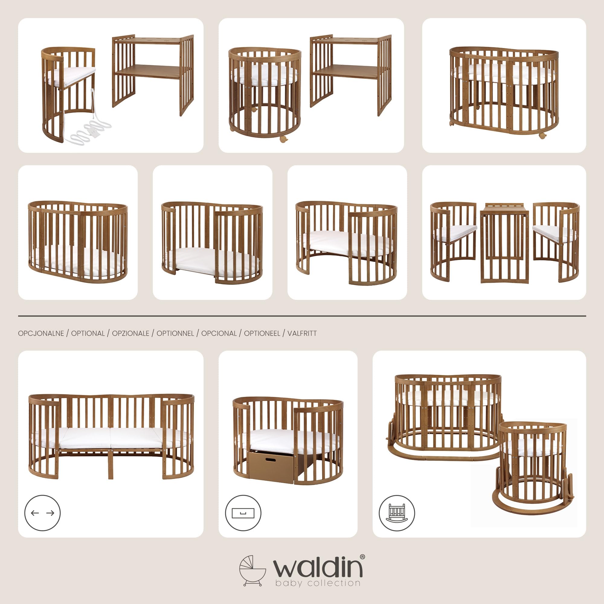 waldin Cuna Ovalada 7en1, Colchón y Ruedas, con Estante, Madera Vintage | Sin Juego de Textiles, de Crecimiento, Cama para Bebé, Colecho de Madera, Evolutiva, Mecedora Opcional