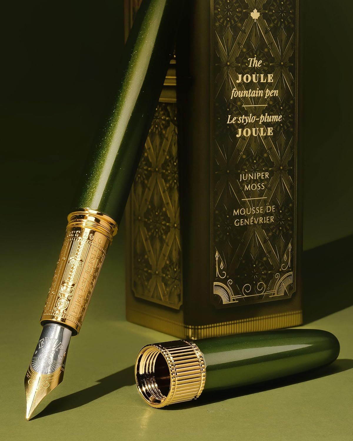 Ferris Wheel Press | Joule Fountain Pen | Juniper Moss | Double Gold Plated, Sapphire Lacquer Finish | Two-Tone Steel Nib | Leather Sleeve/Fine