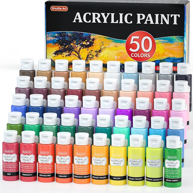 Shuttle Art Acrylic Paint, 50 Colours 2oz/60ml Acrylic Paints Set, Rich Pigmented, Water-proof, Premium Acrylic Paints for Artists, Beginners and Kids on Canvas Rocks Wood Ceramic Fabric