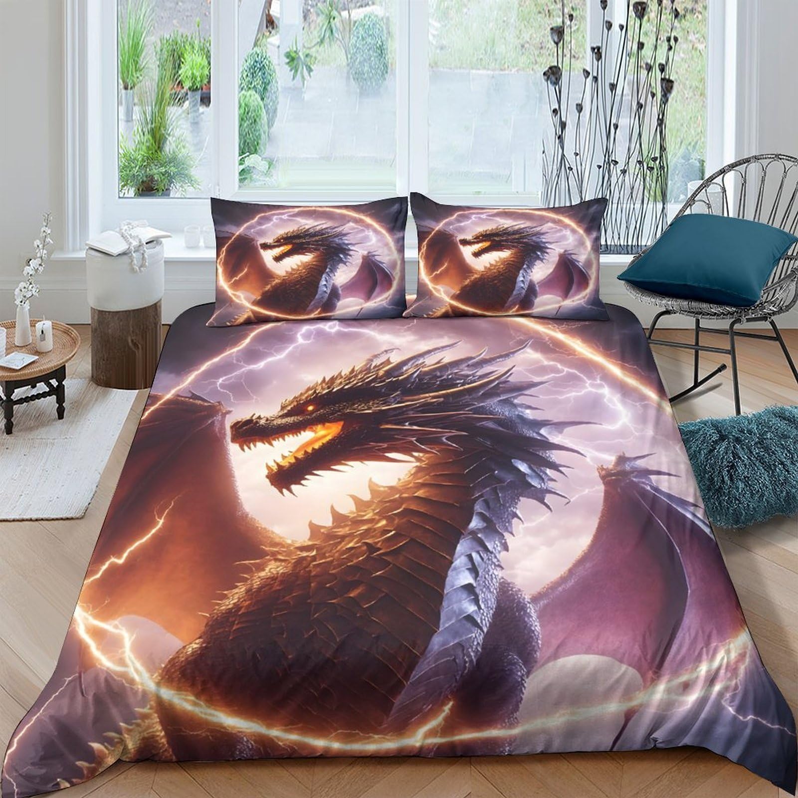 Ctjqhvkz Style-6 3D Printed Dark Dragon Fitted Sheet Microfiber Soft Breathable Lightning Fire Mattress Cover For Bedroom Decor Protection Single（135X200cm）
