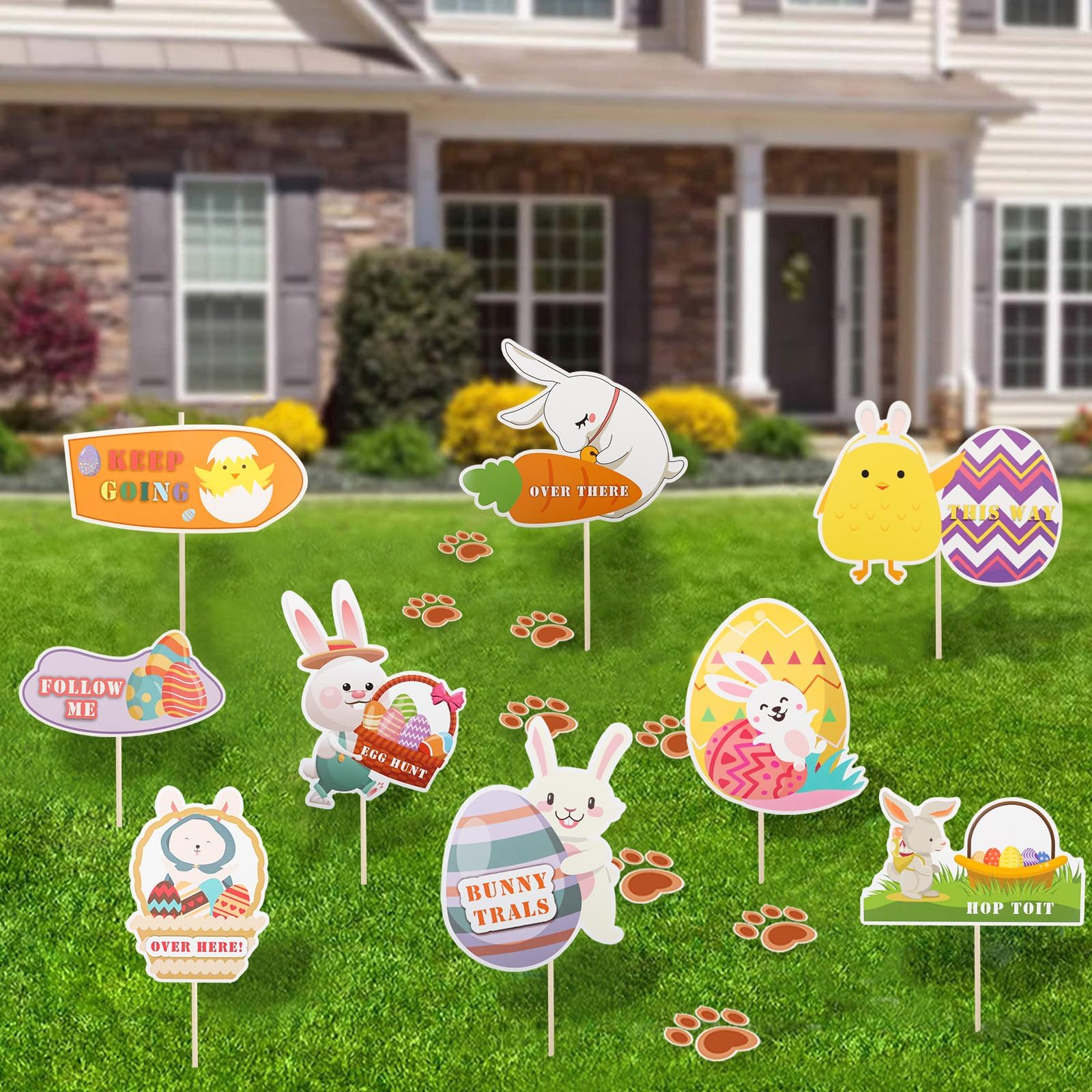 MOECSHSY Easter Hunting Arrows Kit -9 Pack Easter Egg Hunt Signs for Kids with Sticks and 20pcs Bunny Footprints for Easter Garden Decoration,Easter Party Game Supply