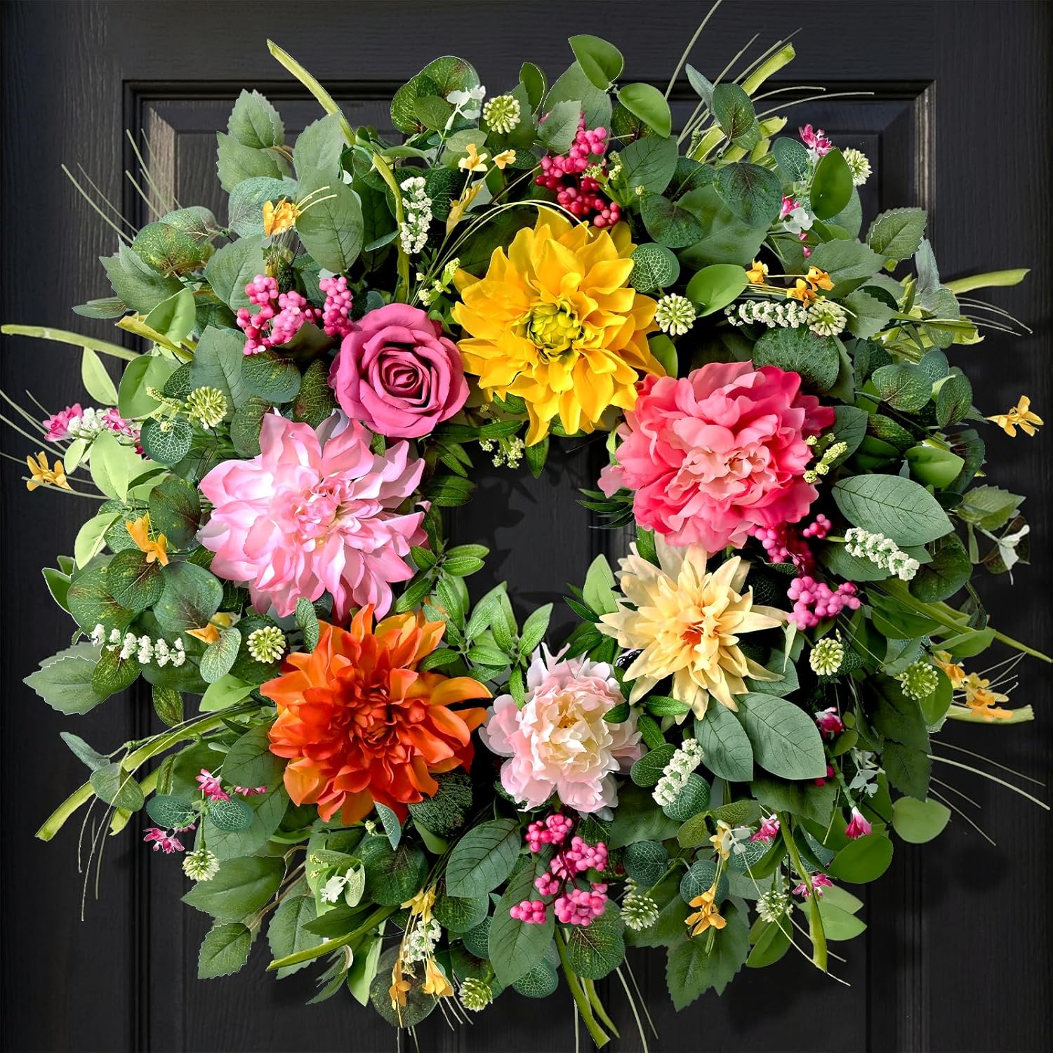 Waipfaru Spring Wreaths for Front Door Outside, 24in Summer Wreaths Easter Wreath, Large Front Door Wreath with Peony Dahlia Rose Flower Green Eucalyptus Leaves Farmhouse Outdoor Porch Home Decor