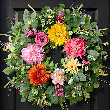 Waipfaru Spring Wreaths for Front Door Outside, 24in Summer Wreaths Easter Wreath, Large Front Door Wreath with Peony Dahlia Rose Flower Green Eucalyptus Leaves Farmhouse Outdoor Porch Home Decor