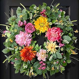 Waipfaru Spring Wreaths for Front Door Outside, 24in Summer Wreaths Easter Wreath, Large Front Door Wreath with Peony Dahlia Rose Flower Green Eucalyptus Leaves Farmhouse Outdoor Porch Home Decor