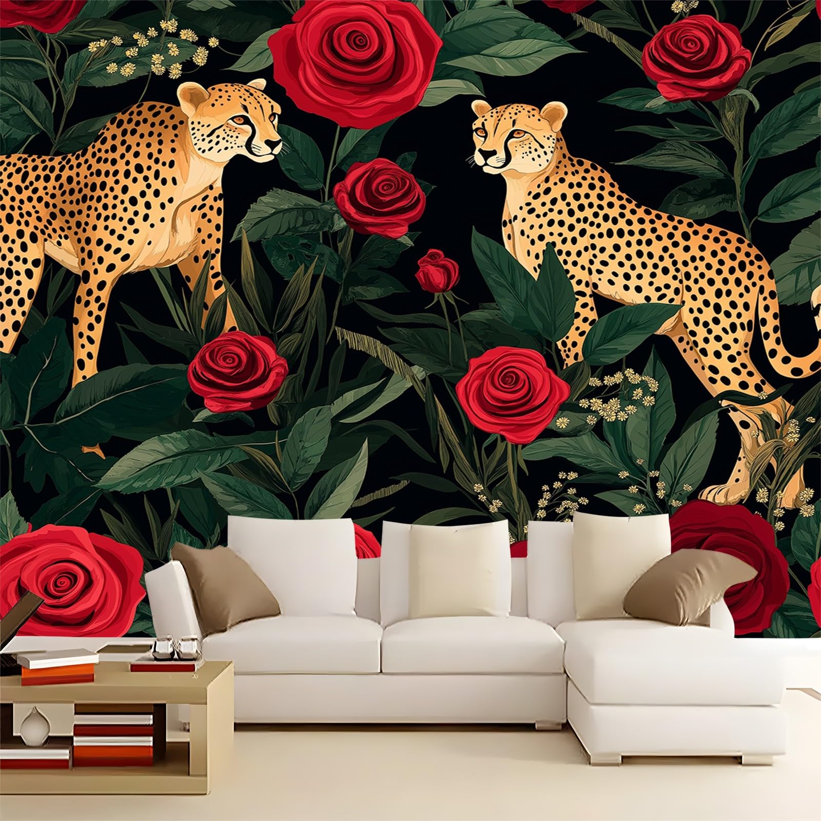 Panoramiczne tapety zwierzęta kwiaty elegancja czerwony czarny 200 x 140 cm (szer. x wys.), nowoczesna tapeta z włókniny do sypialni salonu biura spersonalizowana dekoracja ścienna restauracja pokój