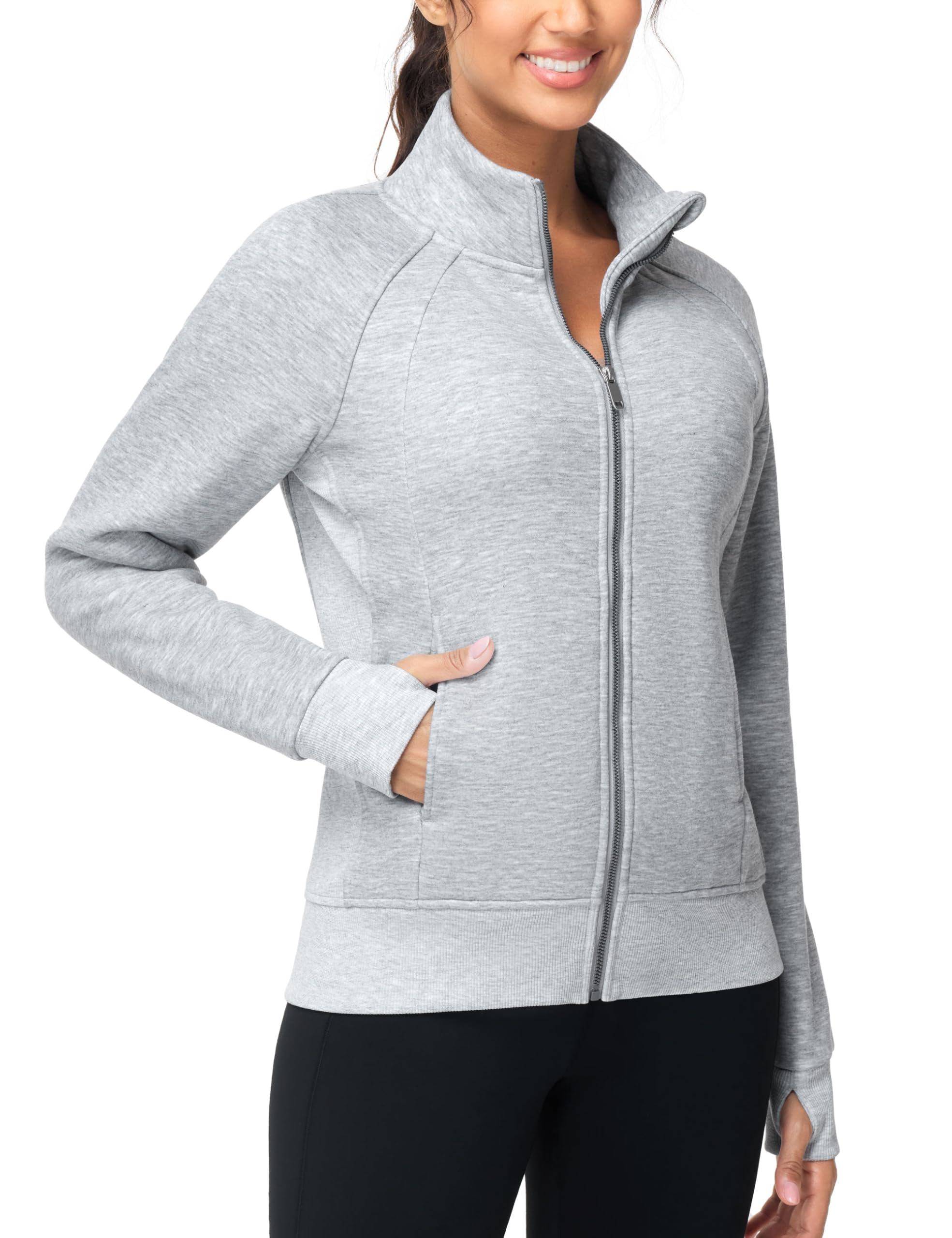 Women's Full Zip Up Workout Sweatshirts Fleece Stand Collar Fall Jackets with Pockets Thumb Hole