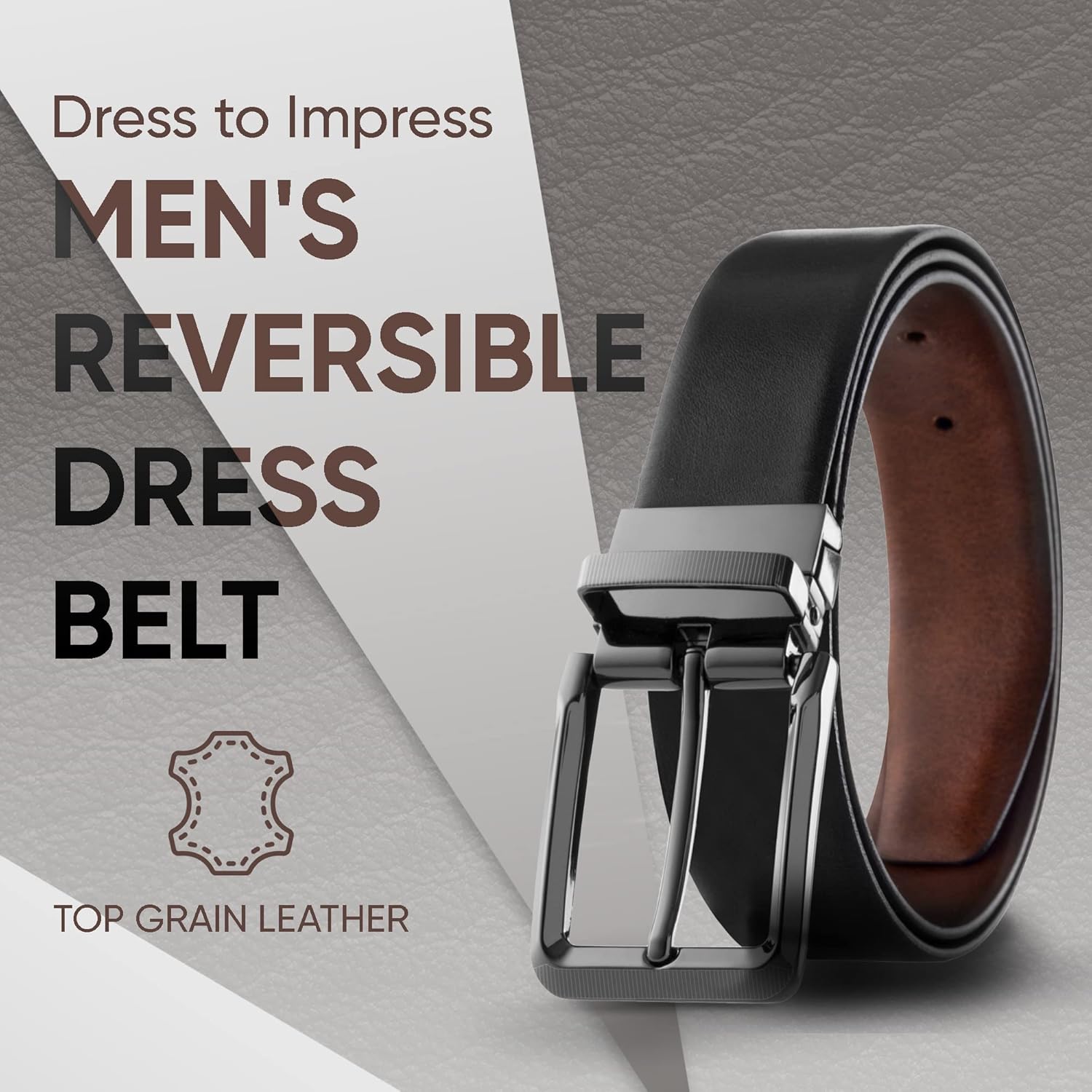 Prospero Comfort Men's Reversible Classic Dress Belt Italian Top Grain Leather Black & Brown Rotating Buckle
