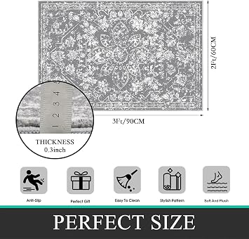 Pauwer Washable Entryway Rug 2x3, Non Slip Door Mat Small Area Rug, Gray