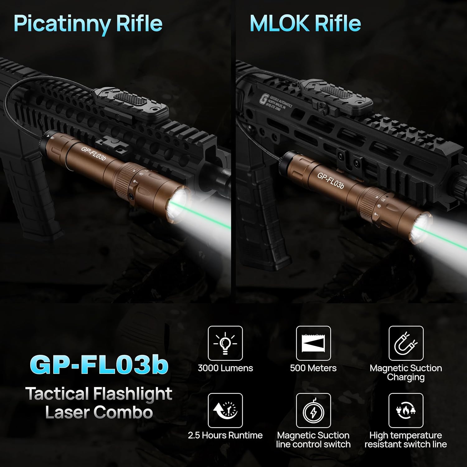 3000 Lumen Aluminum Tactical Flashlight with Laser Combo, Picatinny/MLOK Rifle Light, Magnetic Charging & Remote Switch | 2.5H Runtime, IPX7 Waterproof, 500m Beam for AR-15, Hunting, Home Defense