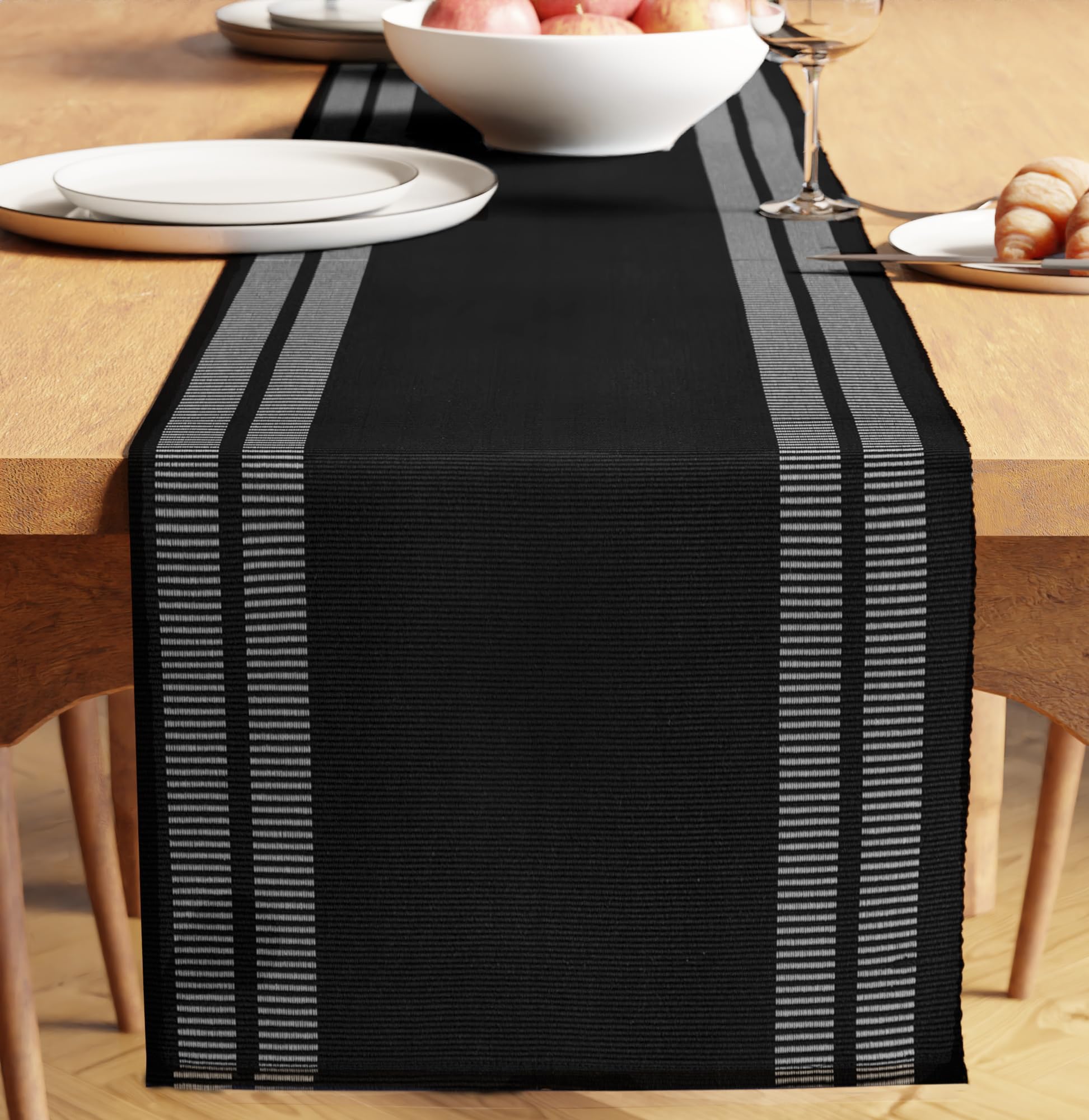 Encasa XO Dining Table Runner 13"x94" | Yarn Dyed Fine Ribbed Cotton | Ladder Black | Machine Washable