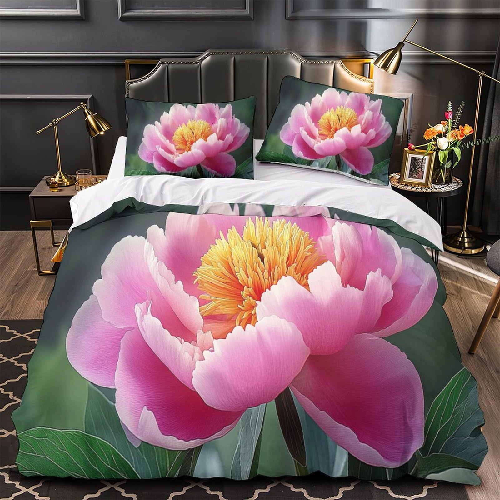 Housse de couette respirante pivoine rose 3D en tissu microfibre inaltérable