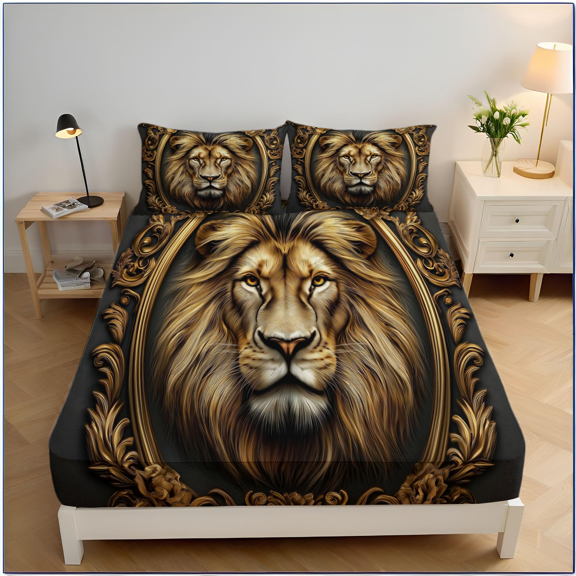 Draps de lit lion vintage 160x200 faciles à laver | Parure 2 personnes 3 pièces