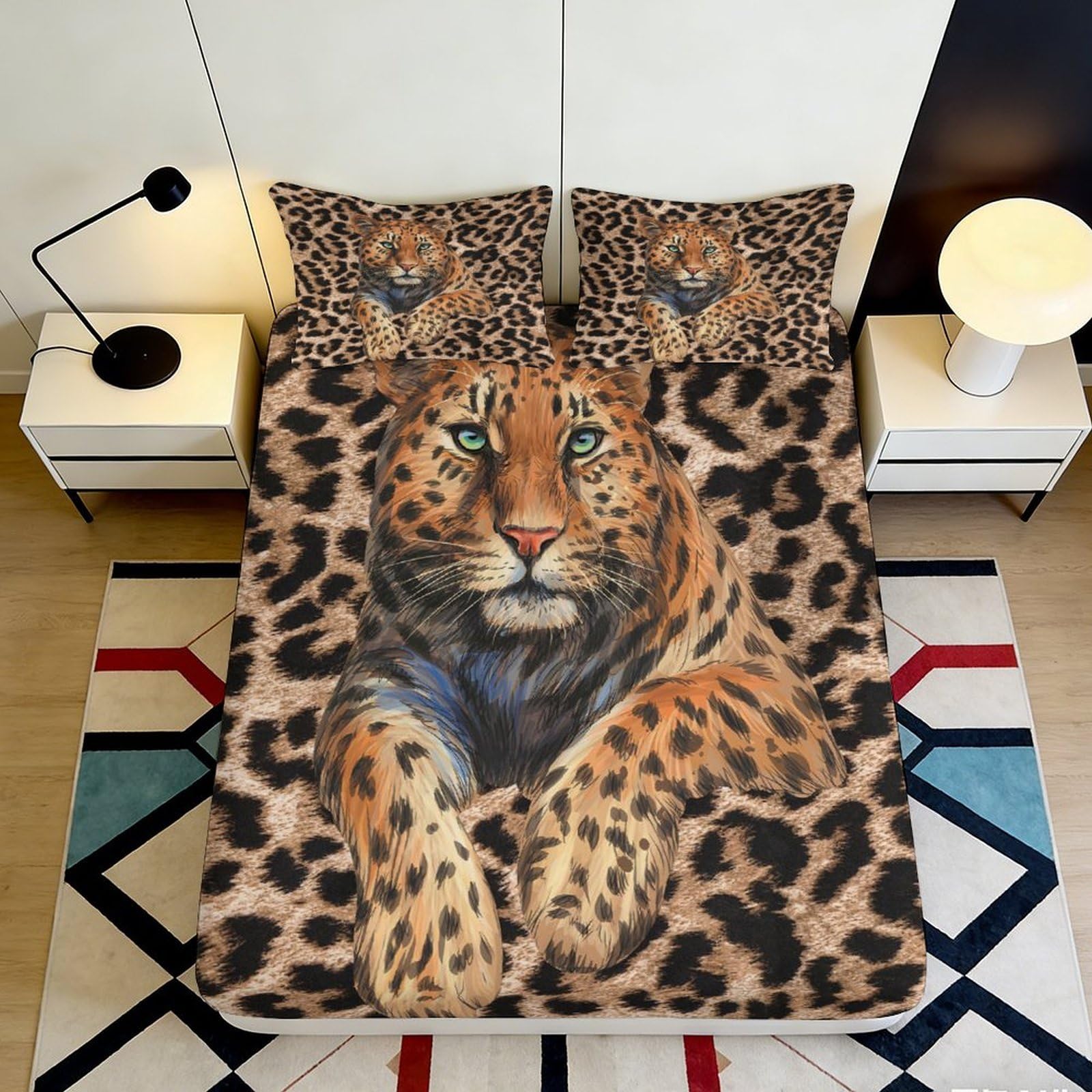 3D Printed Leopard Animal Fitted Sheet Microfiber Soft Breathable Wild Cat Mattress Cover for Bedroom Dorm Decor 160x200x25cm