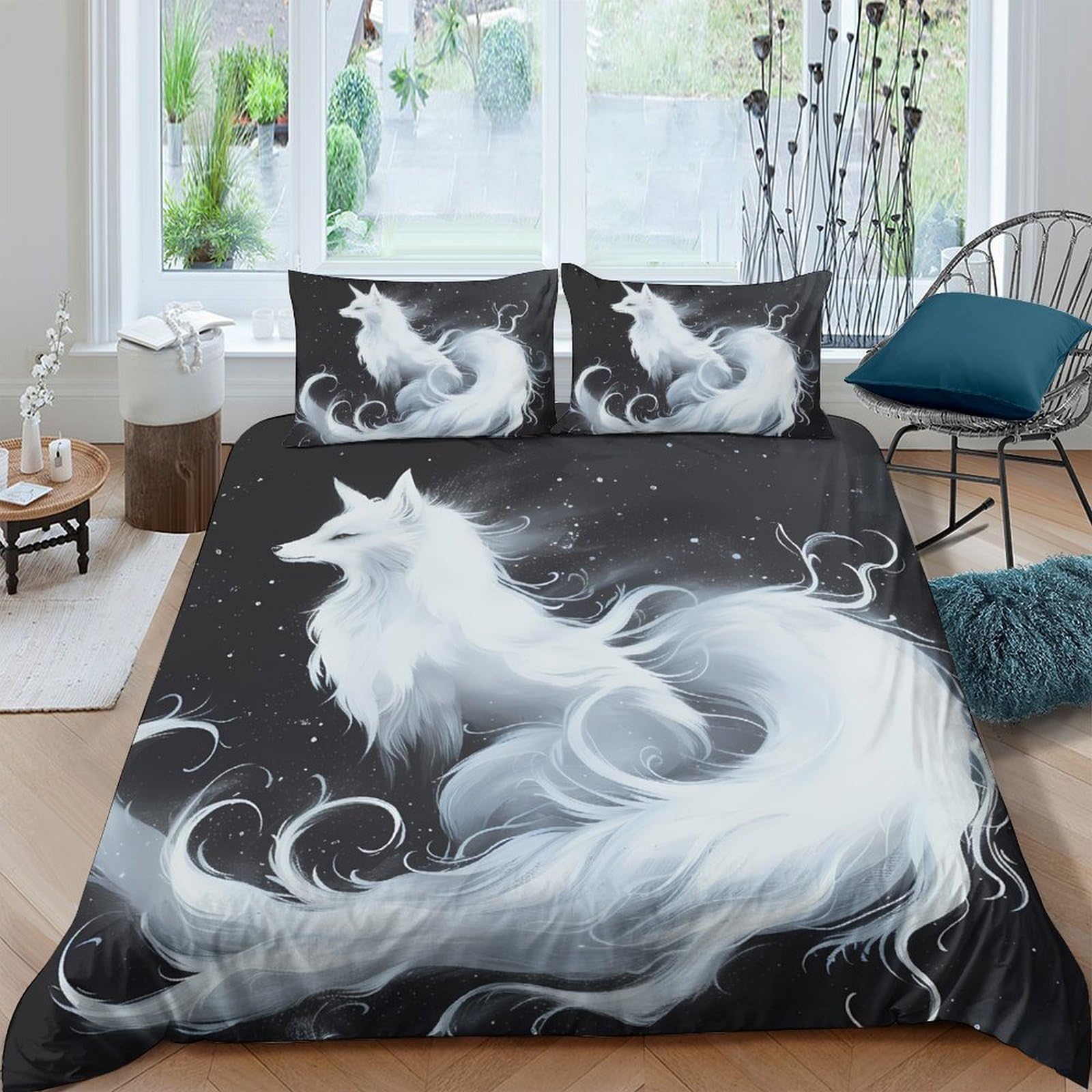 Ctjqhvkz Style-10 3D Printed White Mystic Fox Fitted Sheet Microfiber Soft Breathable Black Fantasy Wolf Bed Cover For Bedroom Decor Single（135X200cm）