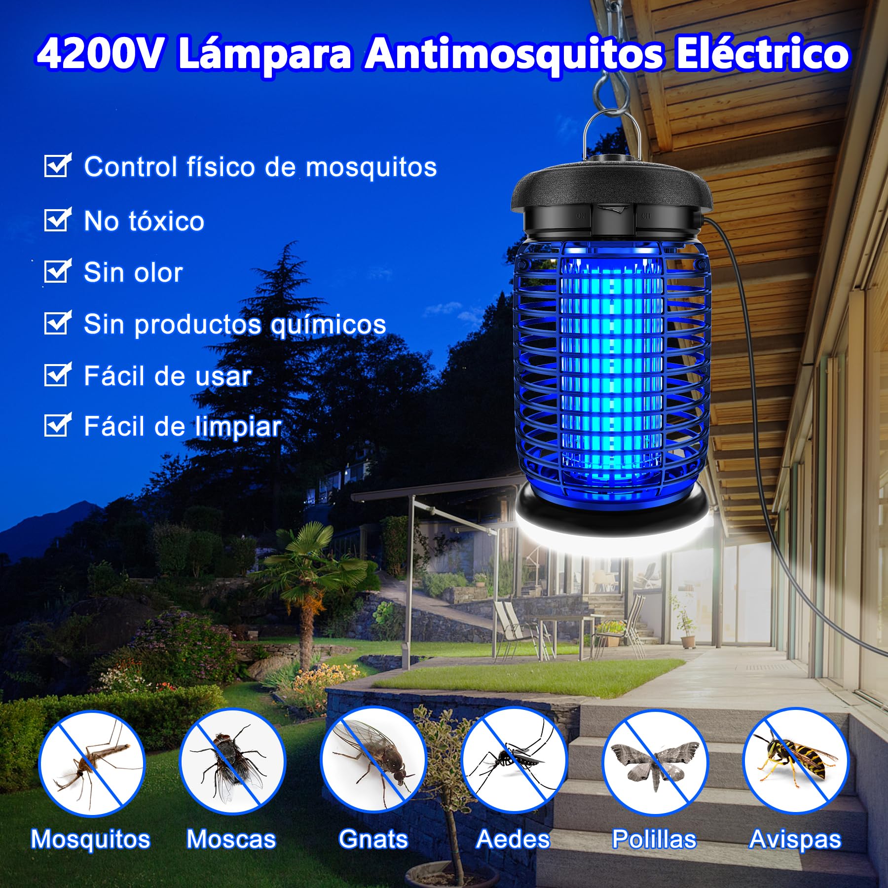seenlast Lámpara Antimosquitos Electrico, Mata Mosquitos Electrico 4200V 15W UV Lampara Mosquitos, Atrapa Mosquitos con LED,IPX4 Impermeable,Area Efectiva 140m² para Interior y Exterior