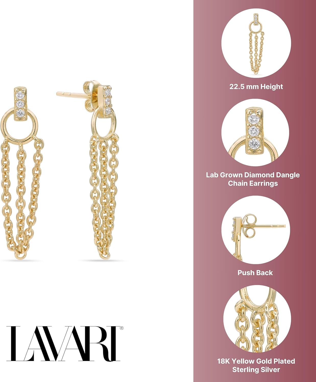 Lavari Jewelers 1/10 Carat Lab Grown Diamond Dangle Chain Earrings for Women - 18k Yellow Gold Plated Sterling Silver 13.1mm Dangle Earrings for Her - Hypoallergenic Push Back Drops - Modern Design - Image 5