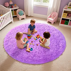 Purple Round Rug for Bedroom, 4Ft Fluffy Circle Area Rugs for Living Room, Shag Fuzzy Carpet for Kids Room, Nursery, Dorm, Classroom, Teen, Cute Baby Play Mat Home Decor Aesthetic