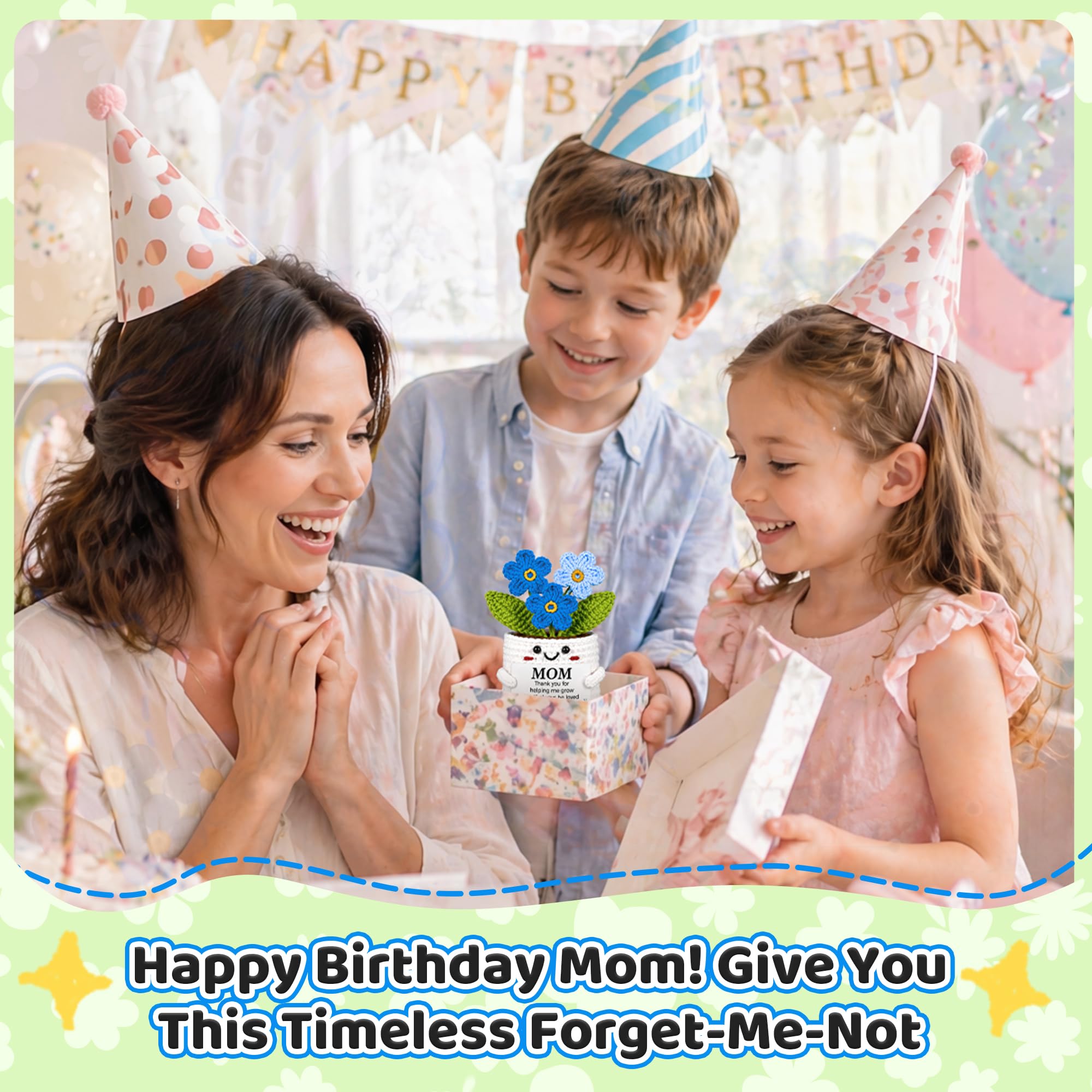 MUTUALUS Regali per mamma da figlia figlio, divertente regalo di compleanno per la festa della mamma, fatto a mano all'uncinetto non ti scordar di me, simpatico regalo significativo per mamma, regalo
