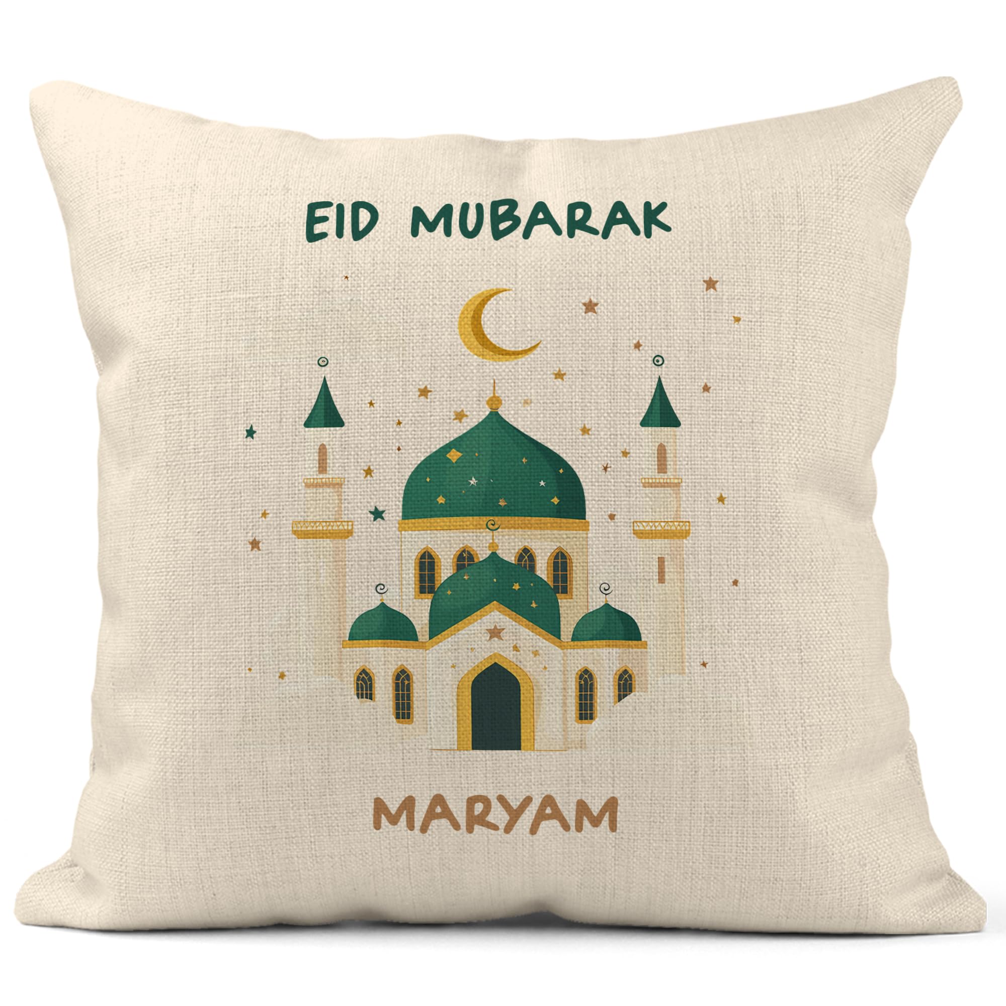 Print Maniacs Beige Personalised Eid Mubarak Cushion – Custom Name Pillow Cover – Stylish Eid Al-Fitr & Eid Al-Adha Home Decor & Gift For Living Room Bedroom, Islamic