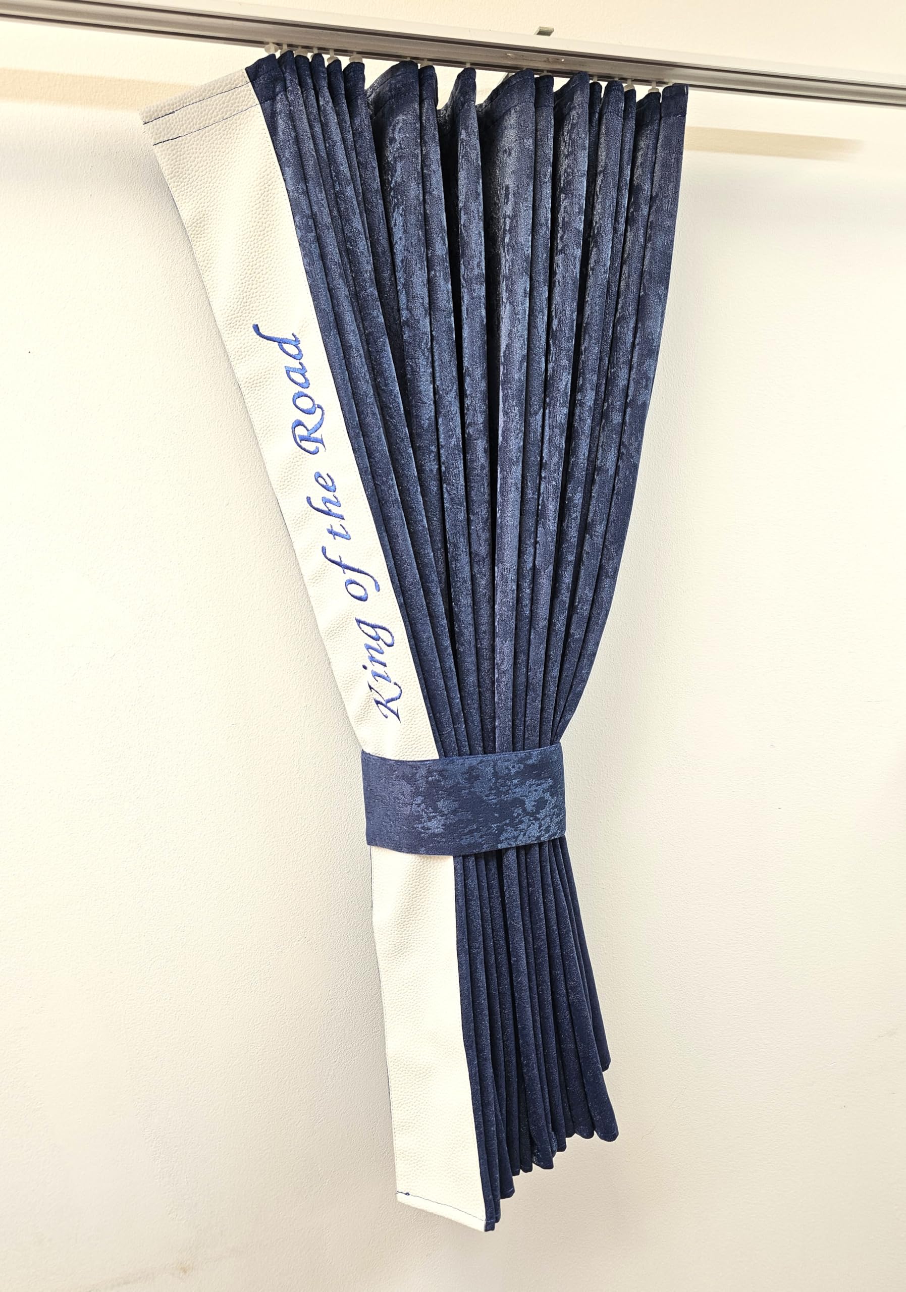 Rideaux de luxe en velours avec pompons pour camion - Bleu et blanc - Taille universelle