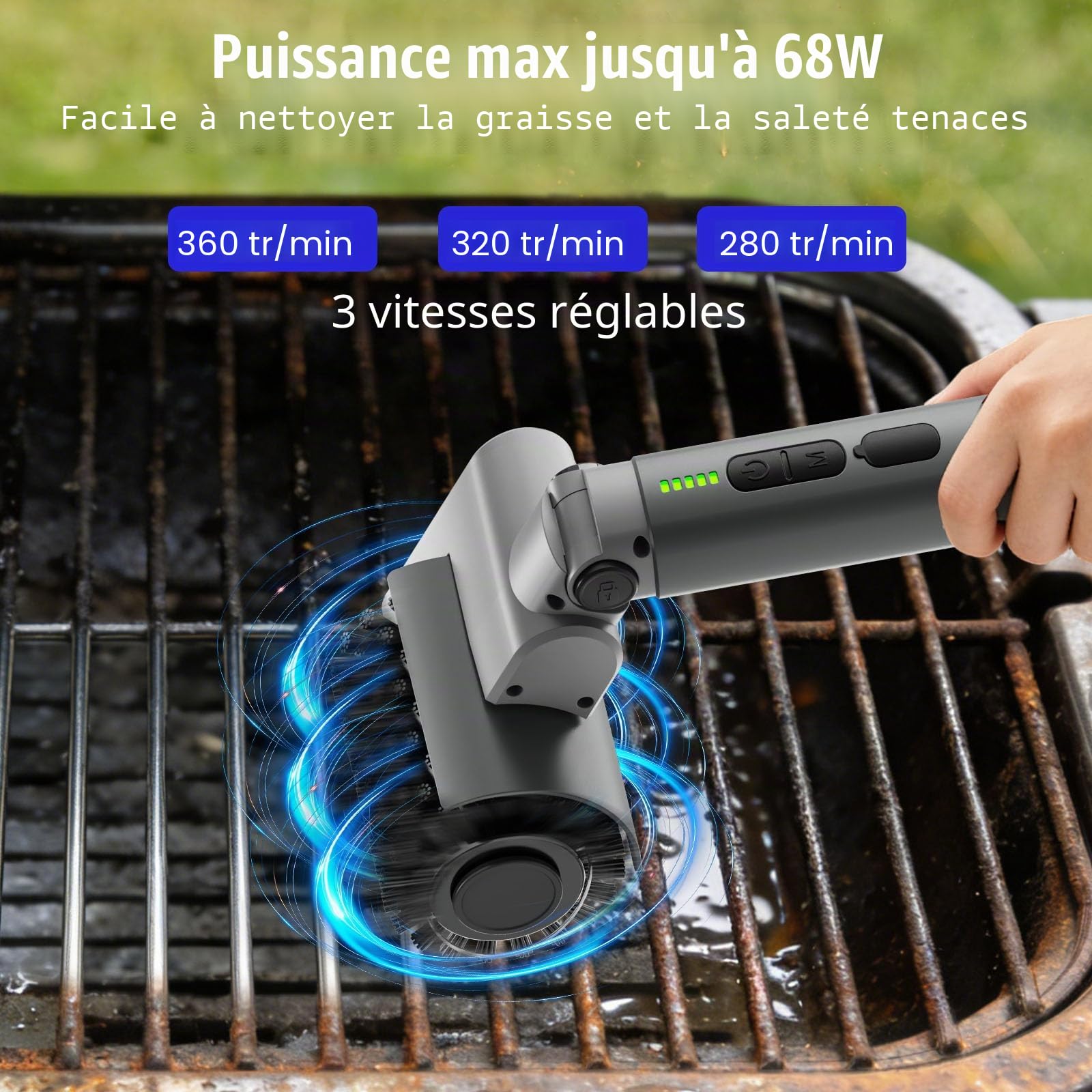 Brosse électrique Barbecue, Brosse Rotative électrique pour Grill avec Angle Réglable, 3 Vitesses, Autonomie 90 Min, 3 têtes de Brosse, Étanche Nettoyeur Grille Barbecue Electrique pour Grilles