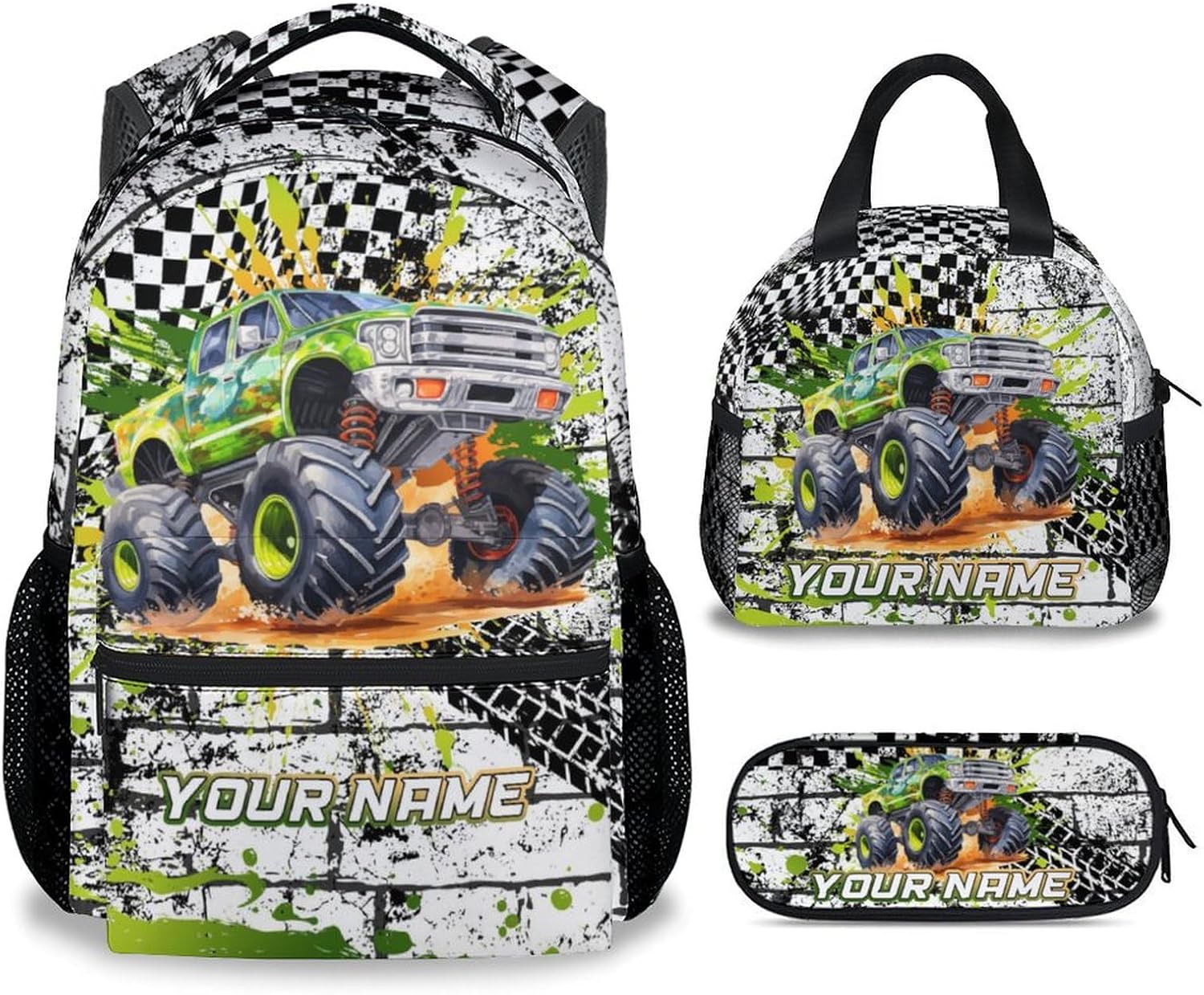 Personalized Kids Backpack with Lunch Box, 3PCS Motorcycle School Backpacks Matching Combo for Boys, Cool Yellow Bookbag and Pencil Pouch Bundle
