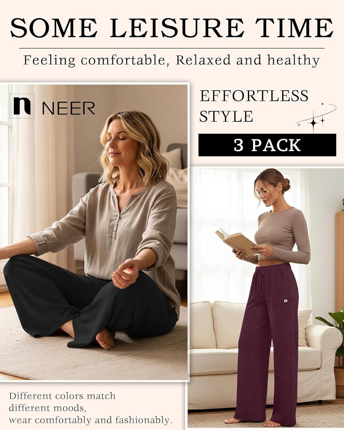 Neer 3 Pack Women's Yoga Pants Loose Casual Wide Leg Sweatpants High Waist Lounge Drawstring Stretch Pants with Pockets - Image 3
