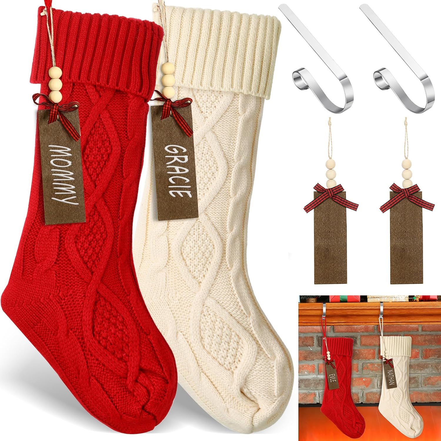 2 Sets Christmas Stockings Xmas Knitted Stockings Kit 18 inch Large Knit Xmas Stocking Metal Stocking Holder and Name Tags with Marker Pen for Family Holiday Xmas Party Fireplace Mantel Decor (Red)
