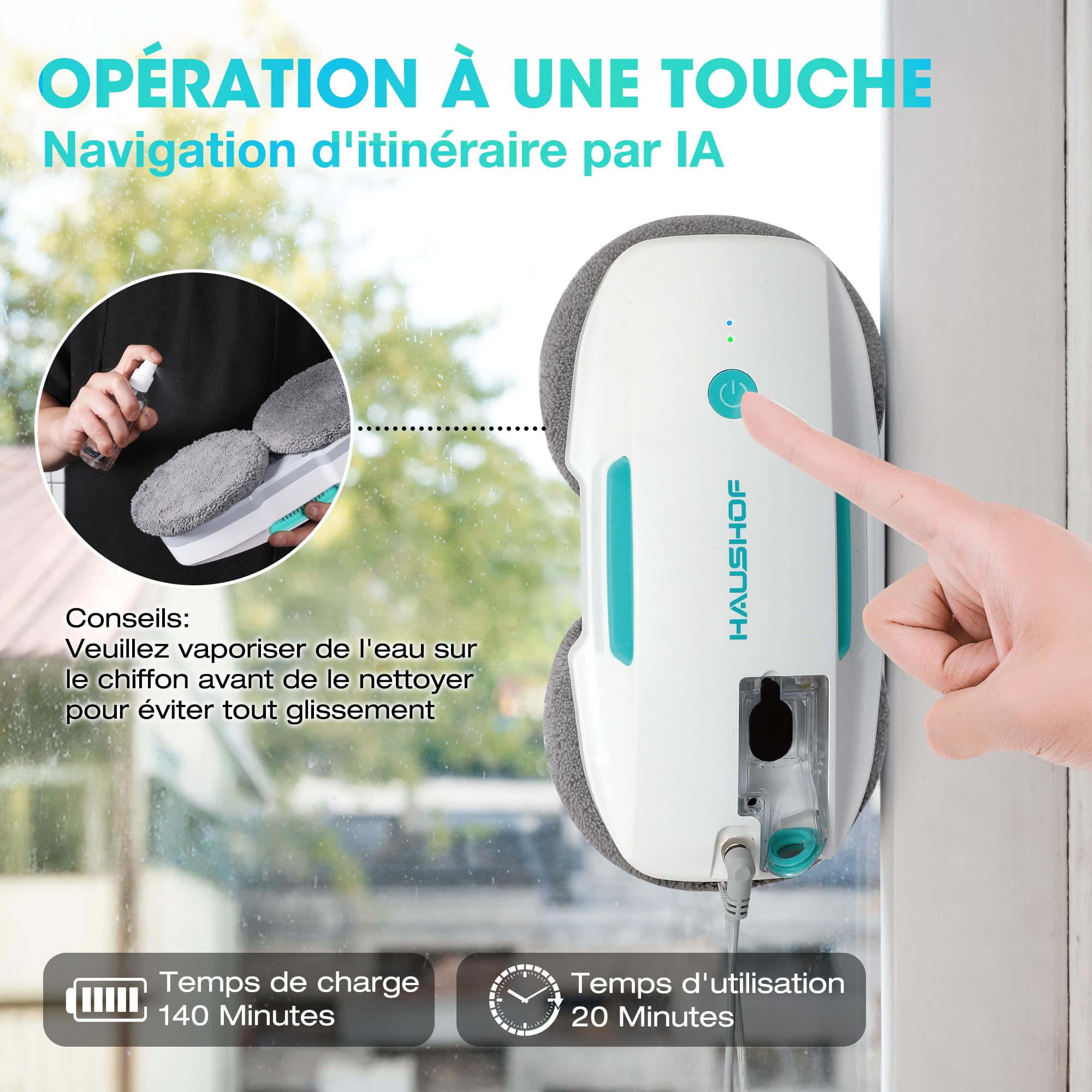 HAUSHOF Robot Nettoyeur de Vitres, Robot Laveur de Vitre Automatique, Nettoyeur de Vitres Électrique, Aspiration Puissante 3800Pa, Détection des Bords, Télécommandé, pour Surfaces Lisses