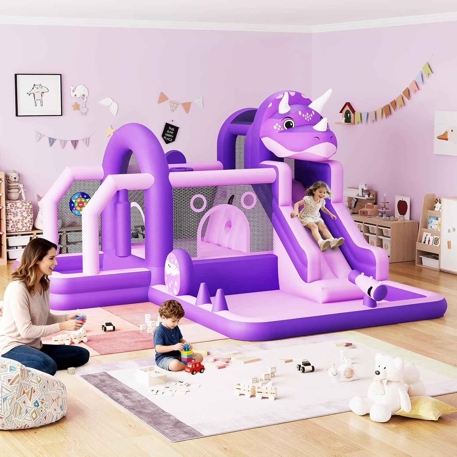 GarveeLife Inflatable Bounce House for Kids with Blower, Large Jumping Castle with Slide, Climbing Wall, Obstacles & Trampoline, Indoor Outdoor Blow-Up Bouncer for Backyard Parties & Playtime,Purple
