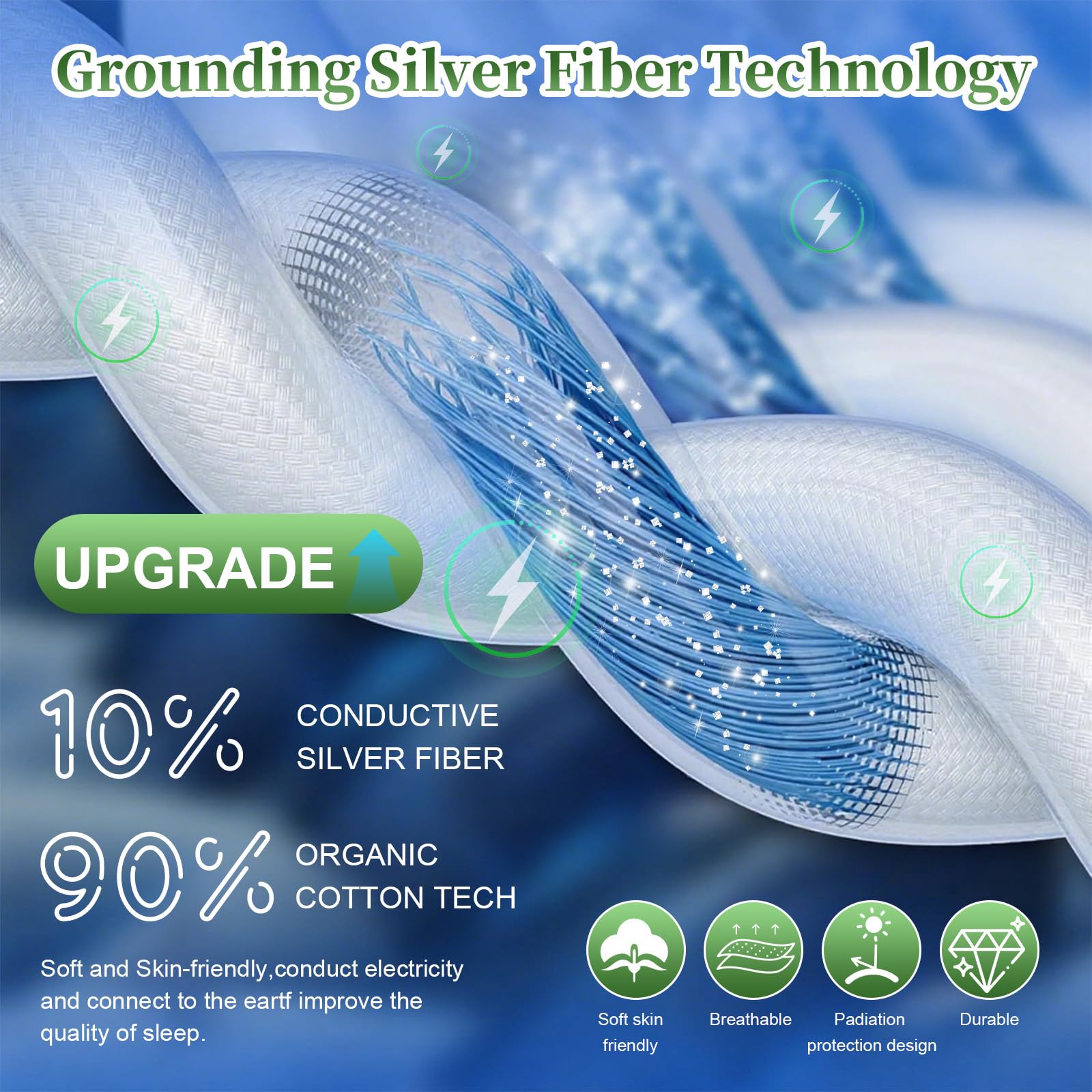 Lenzuolo di messa a terra conduttivo, Grounding Bed Sheet, Tappetino da terra secondo la norma UE, con 10% fibra d'argento e 90% cotone biologico, per Sonno Migliore Recupero Energetico (180x200cm)