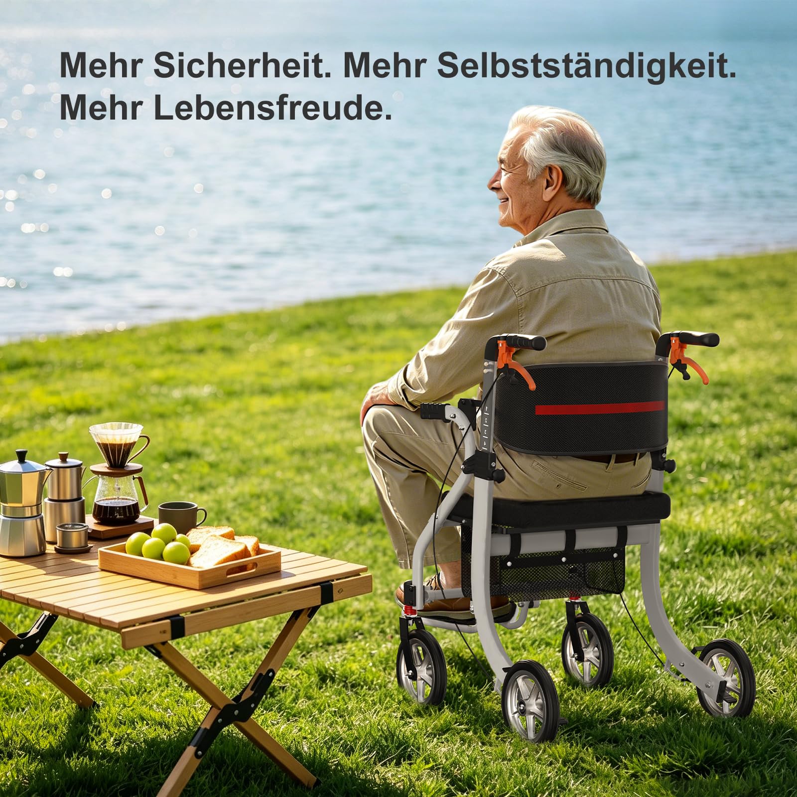 3-in-1 Aluminium Rollator Rollstuhl Faltbar und Leicht mit Sitz, Höhenverstellbar Gehhilfe, 9,3 kg Leichtgewicht Reiserollator Schmal für Wohnung, Rollatoren mit Aufbewahrungstasche (Weiß)