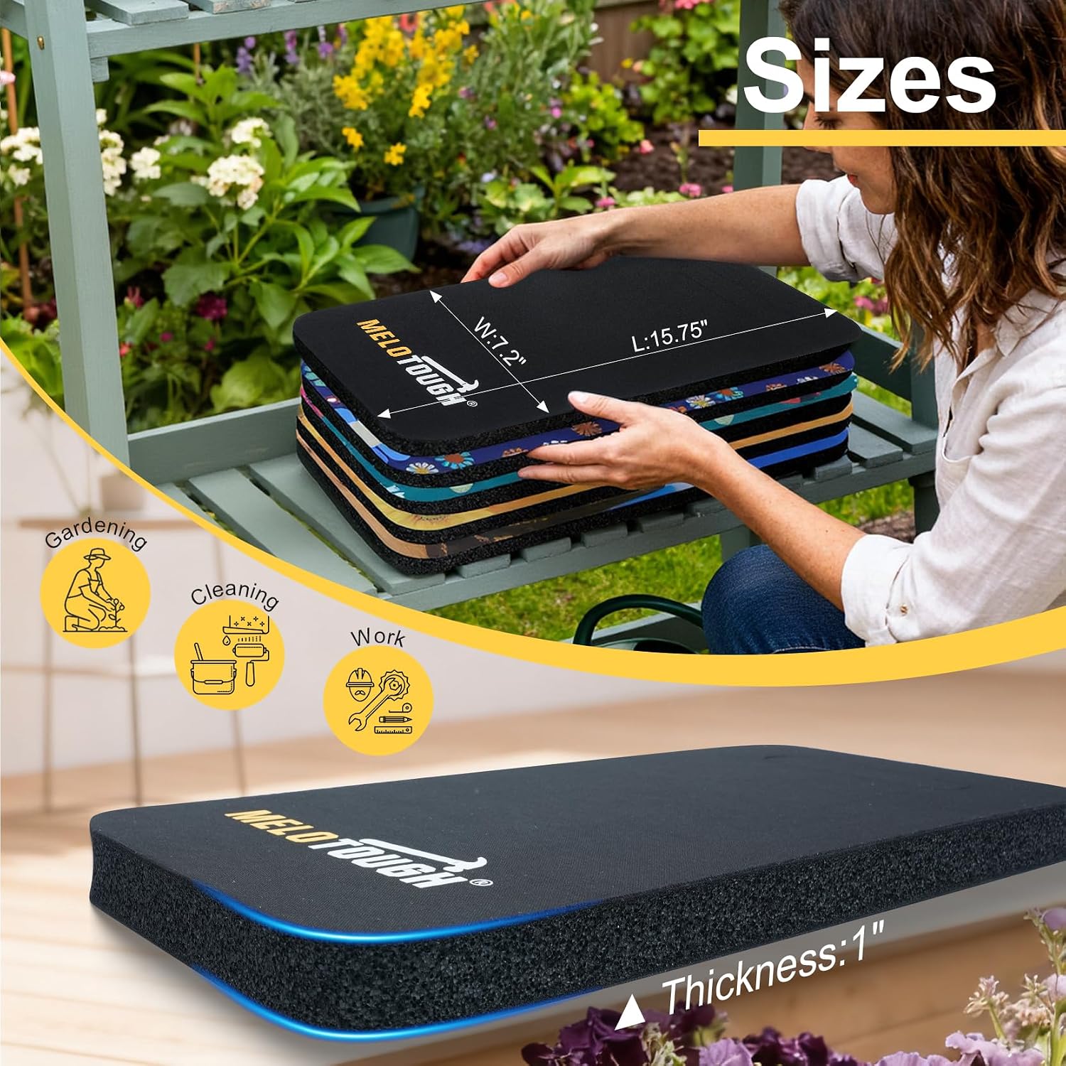 MELOTOUGH Garden Kneeling Pad, 1" Thick Soft NBR Foam Kneeling Pads for Gardening, Cleaning, Work - Lightweight & Comfortable, 15.75"x7.2" (Black) image 2