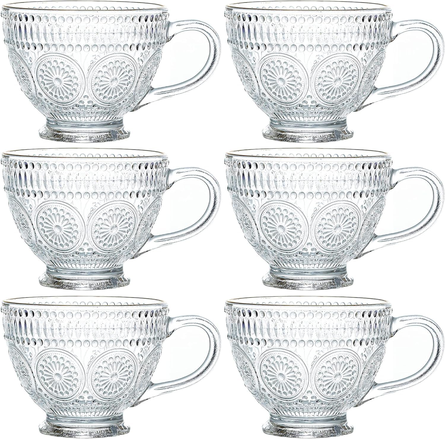 Kingrol Glass Coffee Mugs with Handles, 6 Pack 12.5 Ounces Embossed Tea Cups Set, Vintage Glass Mug Drinking Glassware for Water, Milk, Latte, Cappuccino, Dessert, Beverage