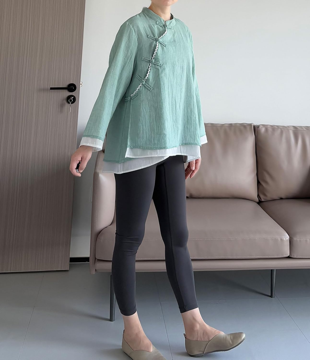 Minibee Women's 3/4 Length Sleeve Tops Cotton Linen Button Down Shirts Chinese Frog Casual Blouses - Image 2